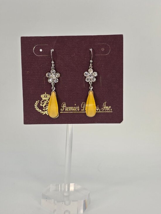 Jewelry - Yellow Teardrop Rhinestone Flower Dangle Earrings Silver Tone